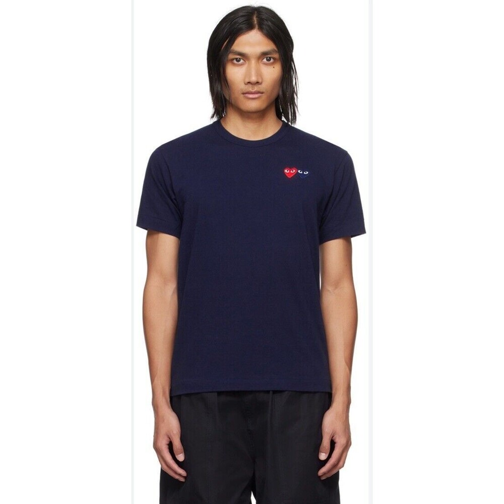 PLAY Comme des Garcons Mens Shirt Small Navy Double Heart Tee Japan Designer